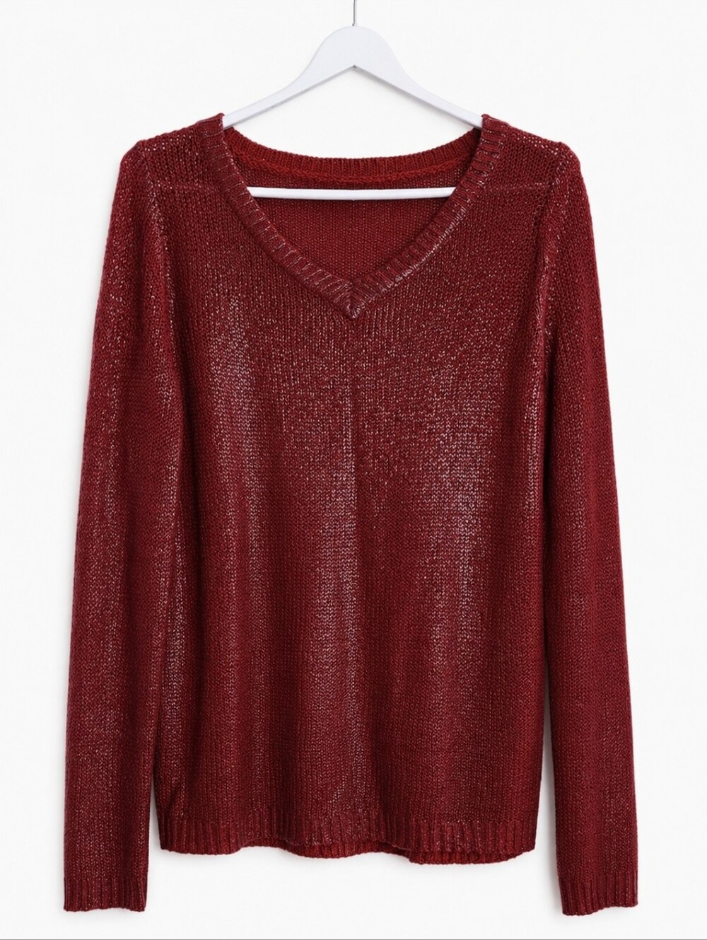 ​Open Knit Burgundy V-Neck Long Sleeve Slouchy Sweater Lightweight Tunic
